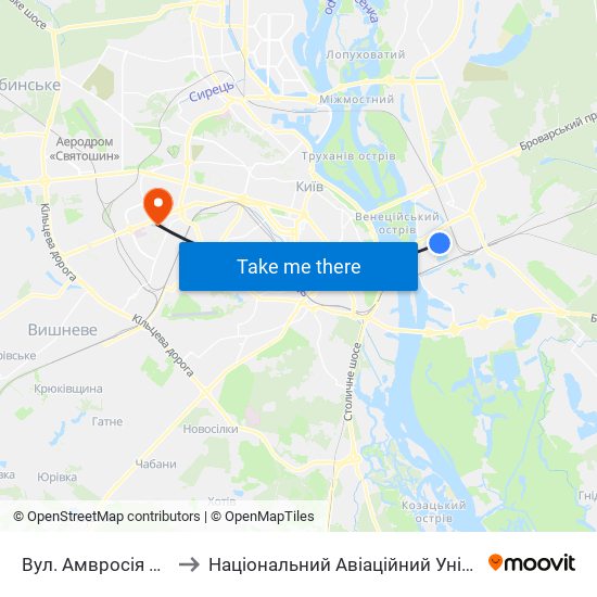 Вул. Амвросія Бучми to Національний Авіаційний Університет map