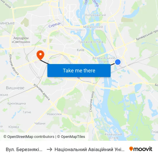 Вул. Березняківська to Національний Авіаційний Університет map