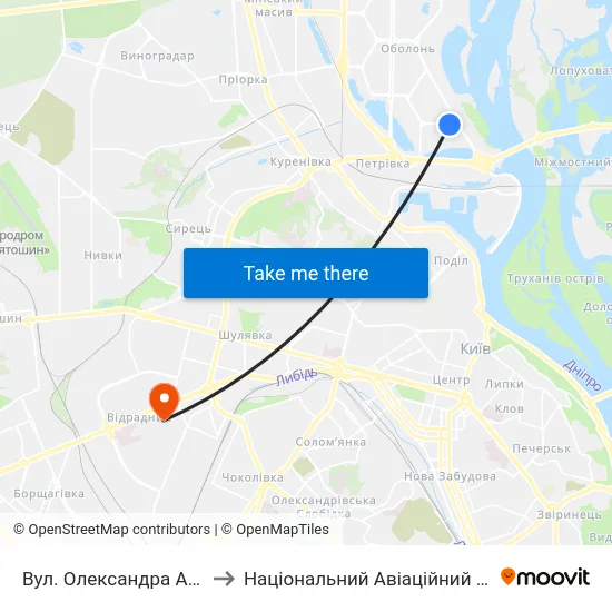Вул. Олександра Архипенка to Національний Авіаційний Університет map