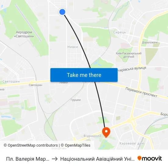 Пл. Валерія Марченка to Національний Авіаційний Університет map