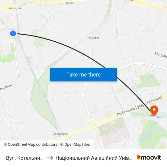 Вул. Котельникова to Національний Авіаційний Університет map