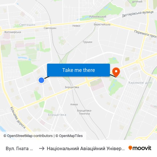 Вул. Гната Юри to Національний Авіаційний Університет map