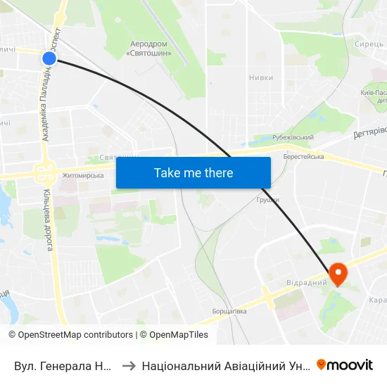 Вул. Генерала Наумова to Національний Авіаційний Університет map