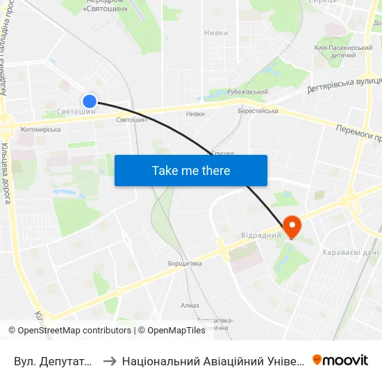 Вул. Депутатська to Національний Авіаційний Університет map