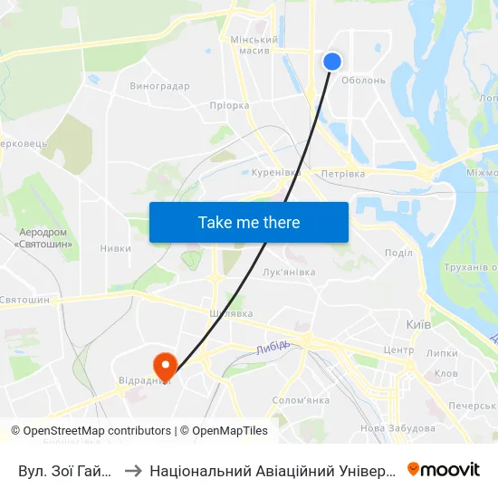 Вул. Зої Гайдай to Національний Авіаційний Університет map