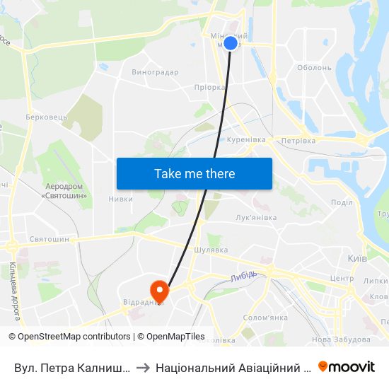 Вул. Петра Калнишевського to Національний Авіаційний Університет map