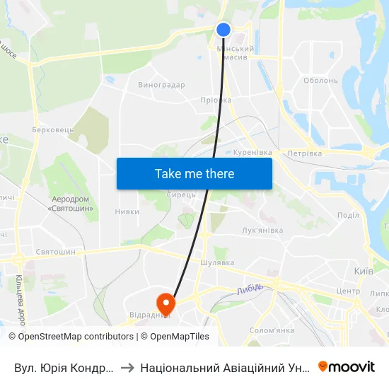 Вул. Юрія Кондратюка to Національний Авіаційний Університет map
