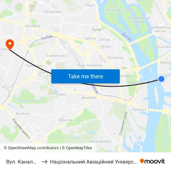 Вул. Канальна to Національний Авіаційний Університет map