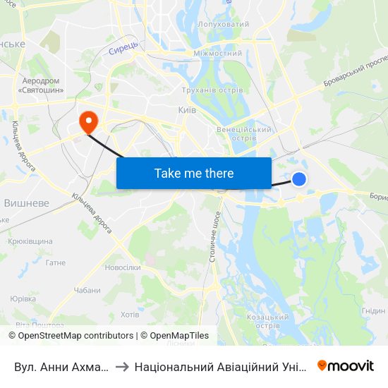Вул. Анни Ахматової to Національний Авіаційний Університет map