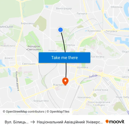 Вул. Білицька to Національний Авіаційний Університет map