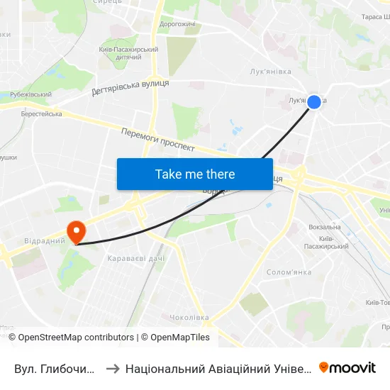 Вул. Глибочицька to Національний Авіаційний Університет map