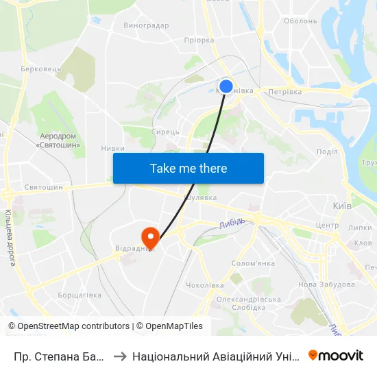 Пр. Степана Бандери to Національний Авіаційний Університет map