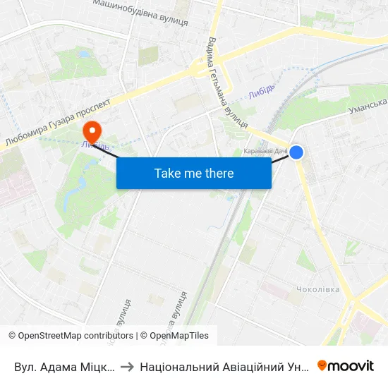Вул. Адама Міцкевича to Національний Авіаційний Університет map