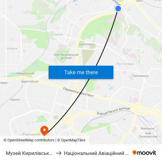 Музей Кирилівська Церква to Національний Авіаційний Університет map