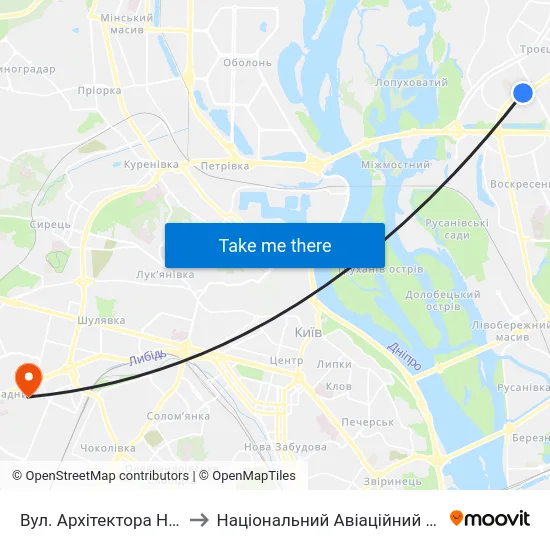 Вул. Архітектора Ніколаєва to Національний Авіаційний Університет map