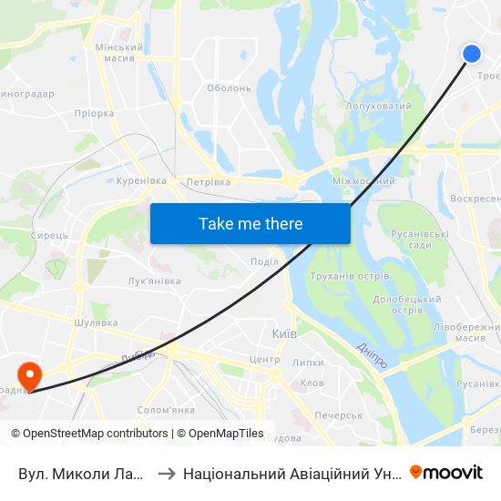 Вул. Миколи Лаврухіна to Національний Авіаційний Університет map