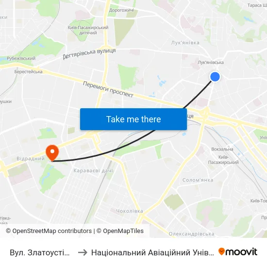 Вул. Златоустівська to Національний Авіаційний Університет map
