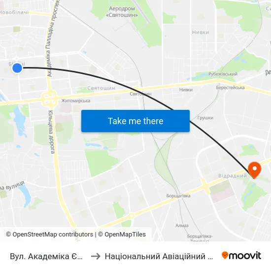 Вул. Академіка Єфремова to Національний Авіаційний Університет map