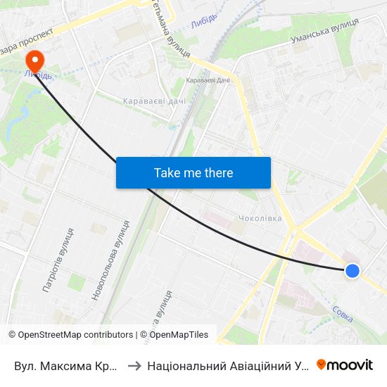 Вул. Максима Кривоноса to Національний Авіаційний Університет map