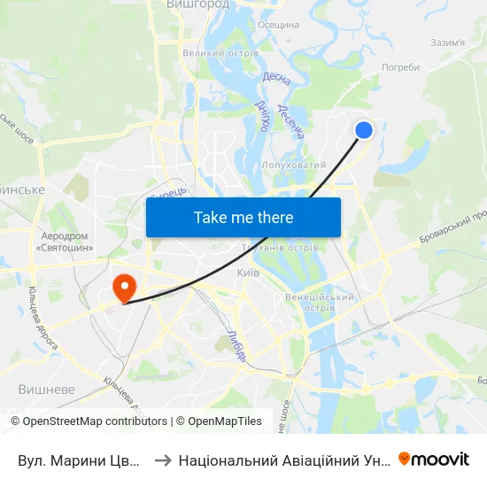 Вул. Марини Цвєтаєвої to Національний Авіаційний Університет map