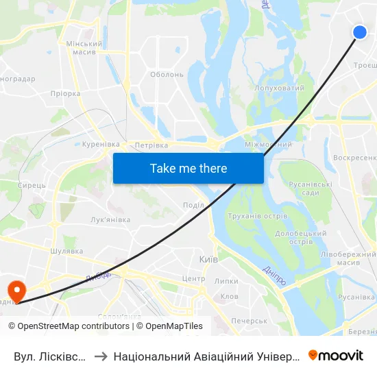 Вул. Лісківська to Національний Авіаційний Університет map