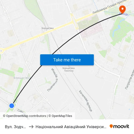 Вул. Зодчих to Національний Авіаційний Університет map