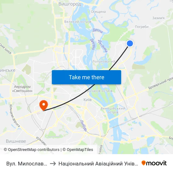 Вул. Милославська to Національний Авіаційний Університет map