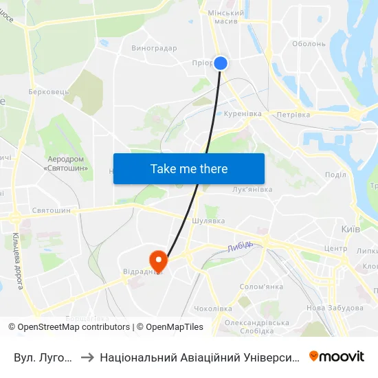 Вул. Лугова to Національний Авіаційний Університет map