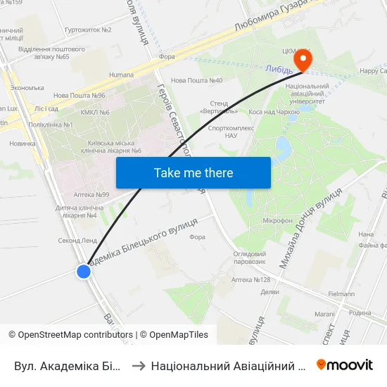 Вул. Академіка Білецького to Національний Авіаційний Університет map