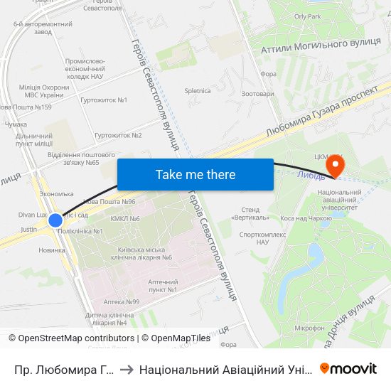 Пр. Любомира Гузара to Національний Авіаційний Університет map