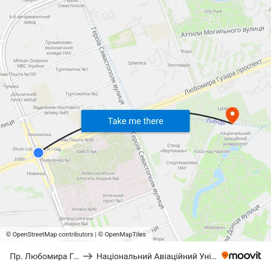 Пр. Любомира Гузара to Національний Авіаційний Університет map