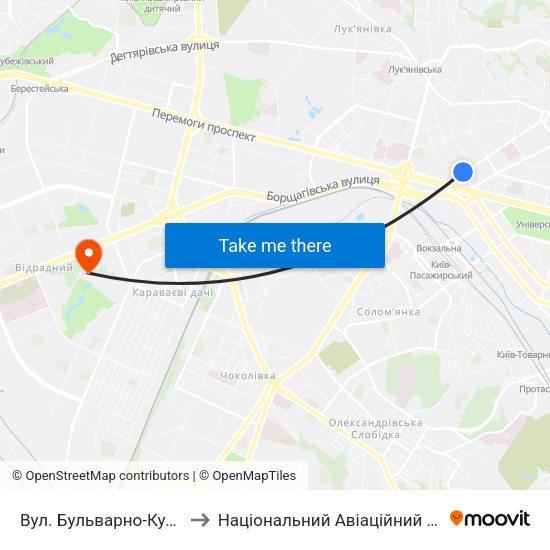 Вул. Бульварно-Кудрявська to Національний Авіаційний Університет map