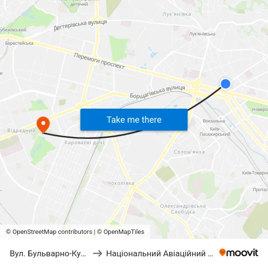 Вул. Бульварно-Кудрявська to Національний Авіаційний Університет map
