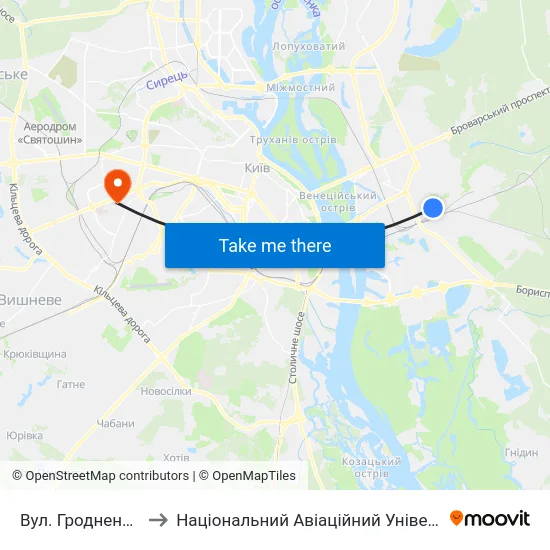 Вул. Гродненська to Національний Авіаційний Університет map