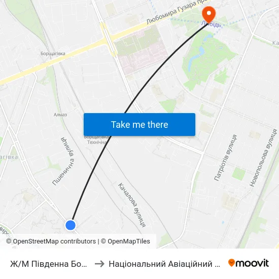 Ж/М Південна Борщагівка to Національний Авіаційний Університет map