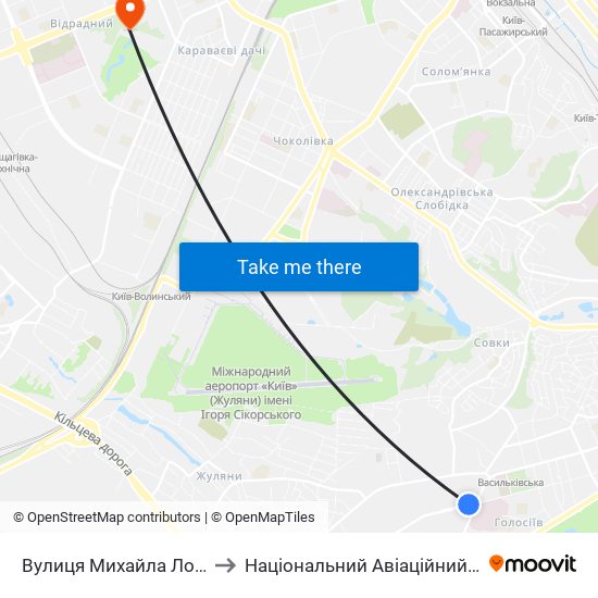 Вулиця Михайла Ломоносова to Національний Авіаційний Університет map