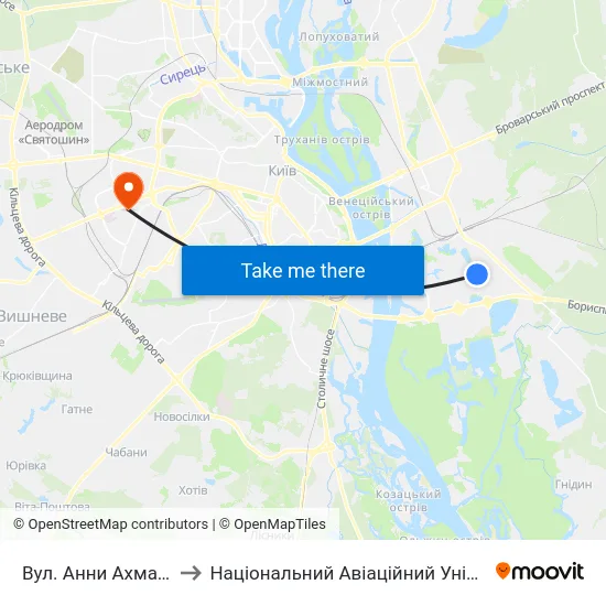 Вул. Анни Ахматової to Національний Авіаційний Університет map