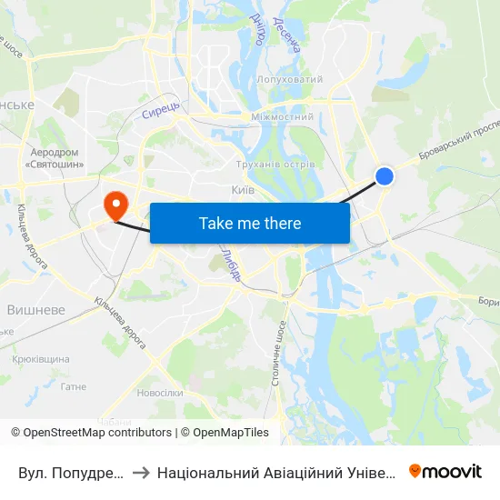 Вул. Попудренка to Національний Авіаційний Університет map