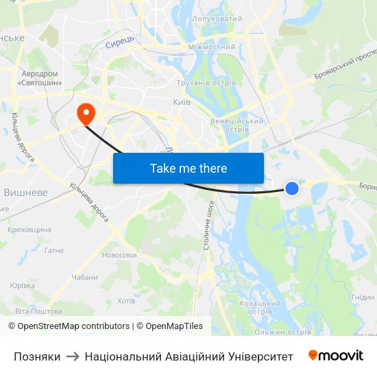 Позняки to Національний Авіаційний Університет map
