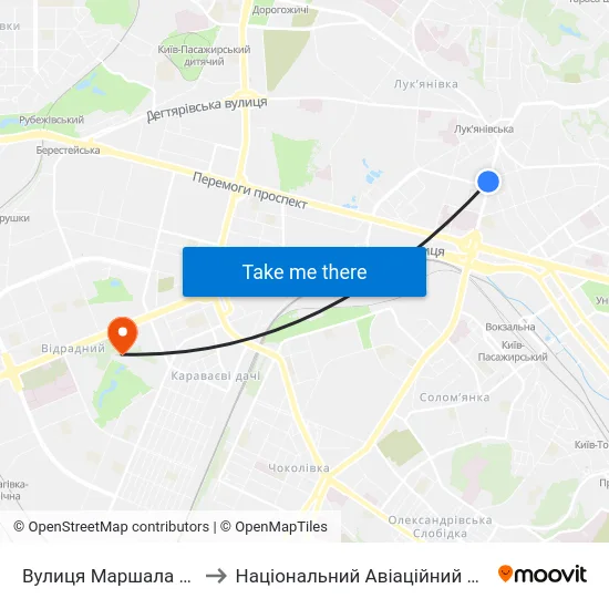 Вулиця Маршала Рибалка to Національний Авіаційний Університет map
