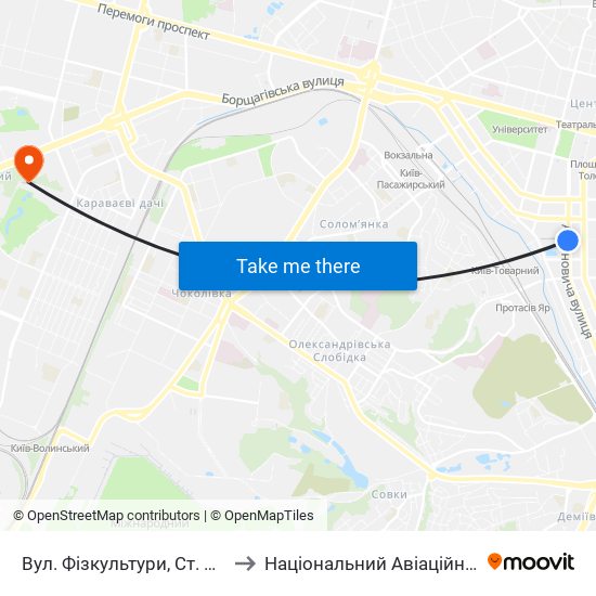 Вул. Фізкультури, Ст. М. Олімпійська to Національний Авіаційний Університет map