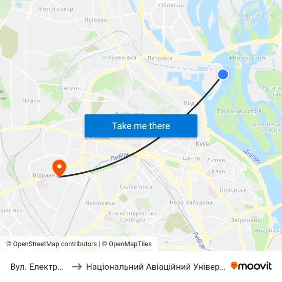 Вул. Електриків to Національний Авіаційний Університет map