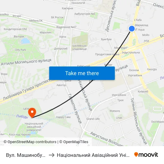 Вул. Машинобудівна to Національний Авіаційний Університет map