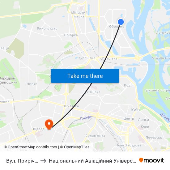 Вул. Прирічна to Національний Авіаційний Університет map