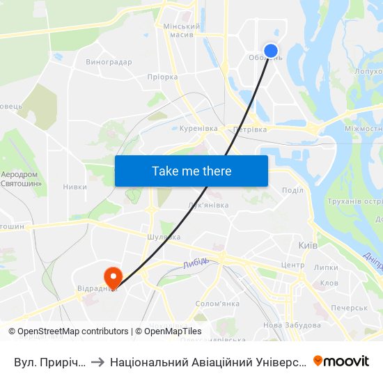 Вул. Прирічна to Національний Авіаційний Університет map