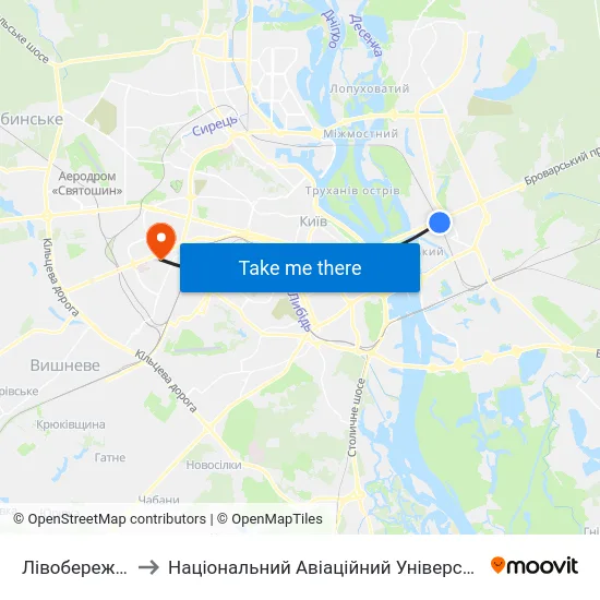 Лівобережна to Національний Авіаційний Університет map