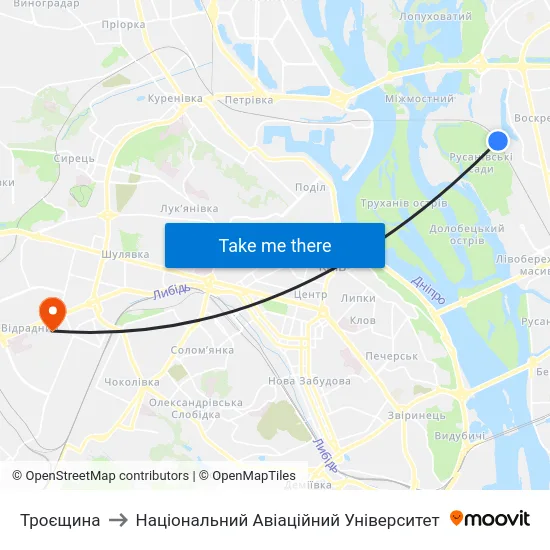 Троєщина to Національний Авіаційний Університет map
