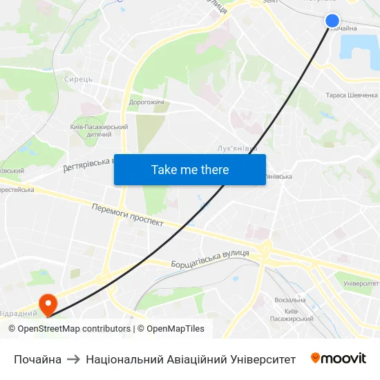 Почайна to Національний Авіаційний Університет map