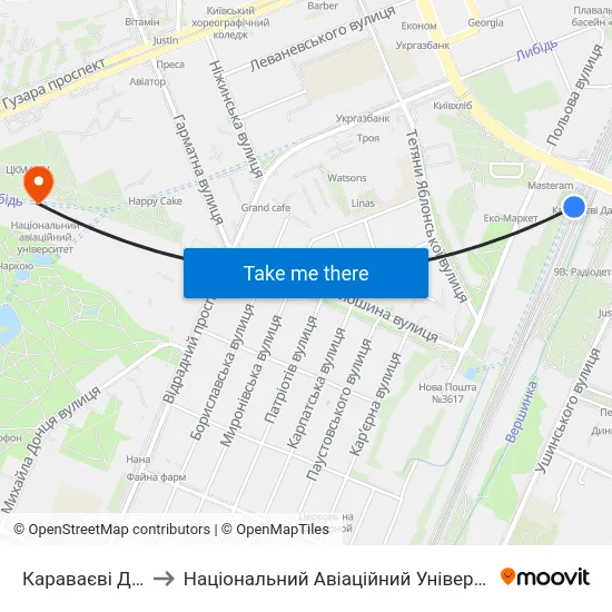 Караваєві Дачі to Національний Авіаційний Університет map