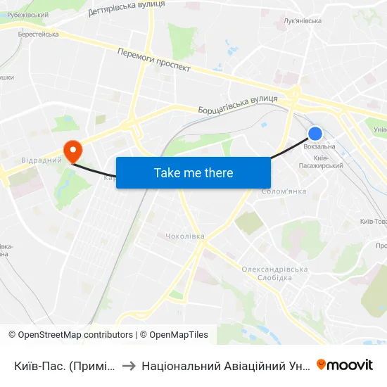 Київ-Пас. (Приміський) to Національний Авіаційний Університет map